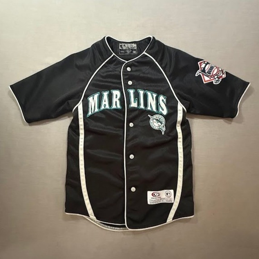 Vintage Marlins Baseball Jersey‎ Black Green White Button Short Sleeve Menss XS